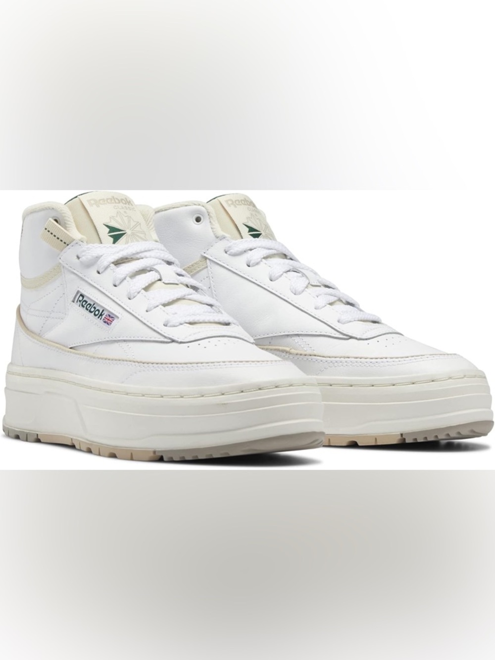 NEW_ Reebok Women’s White Leather Platform Sneakers with Cream Accents